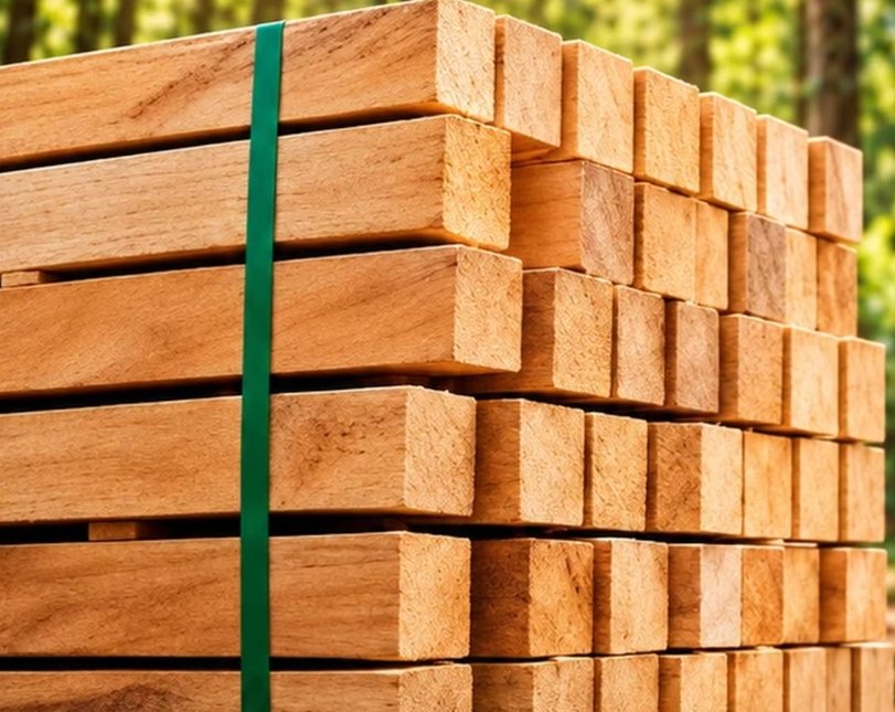 Estiba de madera para construcción con fleje verde, lista para entrega